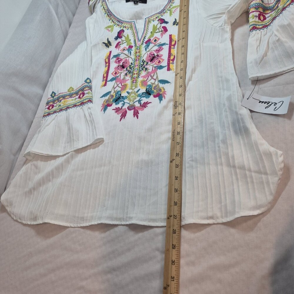 Calessa Women's Tunic Size L White  Embroidered Multicolor 3/4 Sleeve Top (53) - Picture 8 of 12